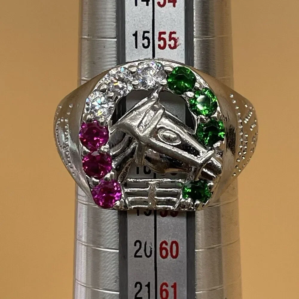 Horseshoe Ring Sterling Silver .925 Men’s Size 8 Red Ruby White Green Glass
